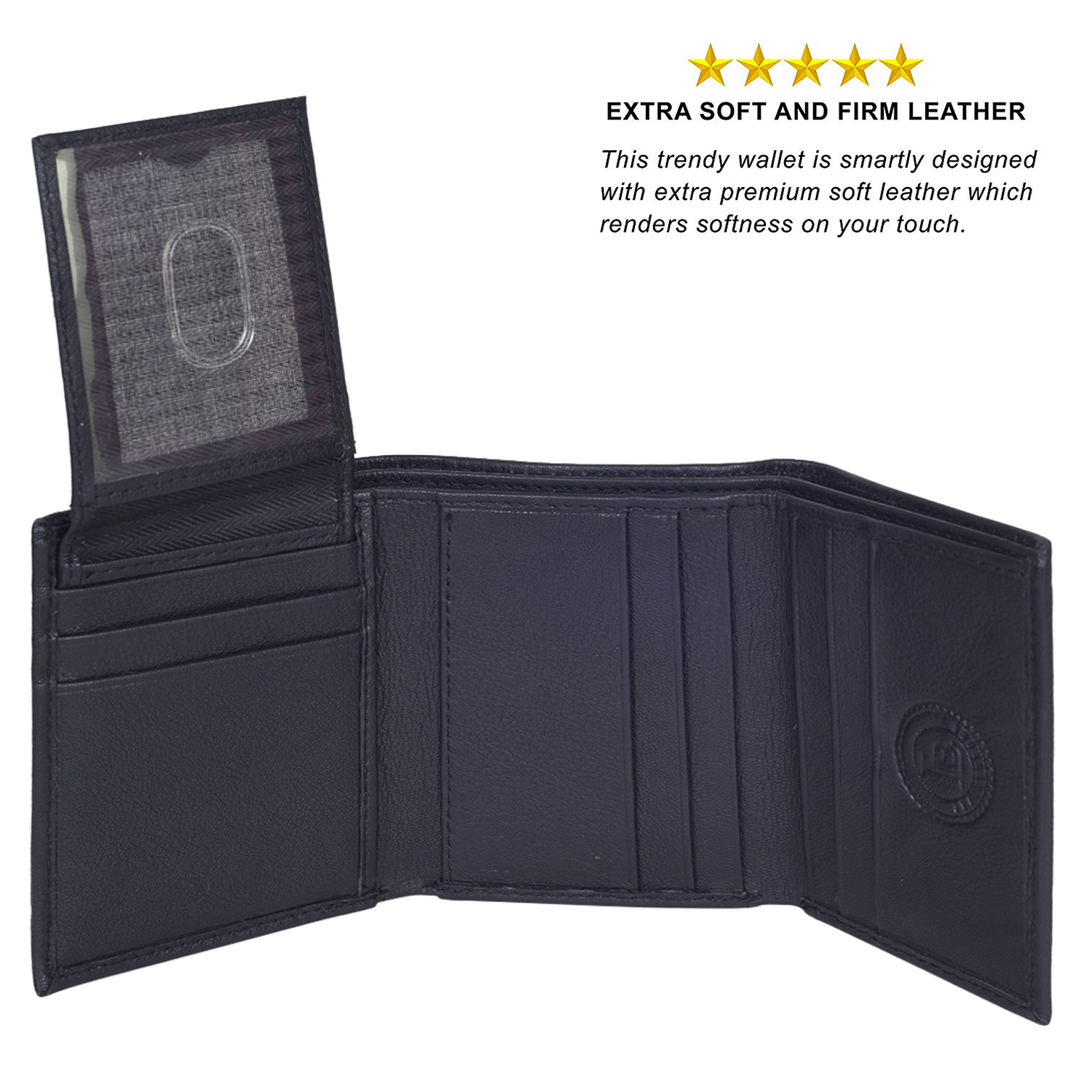 Leatherboss Genuine Leather Trifold Wallet For Men - Black With Pullout ID Window